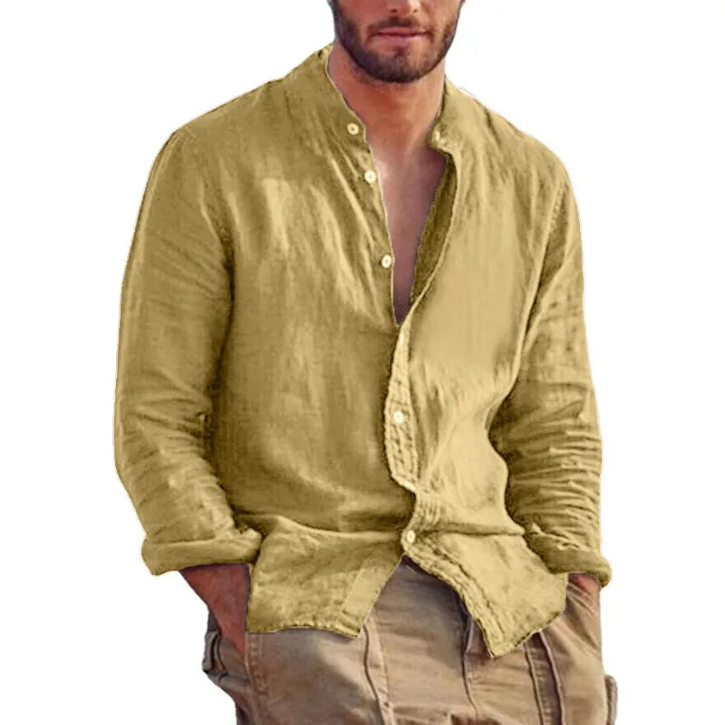 Men's Linen Solid Colour Long Sleeve Hawaiian Shirt