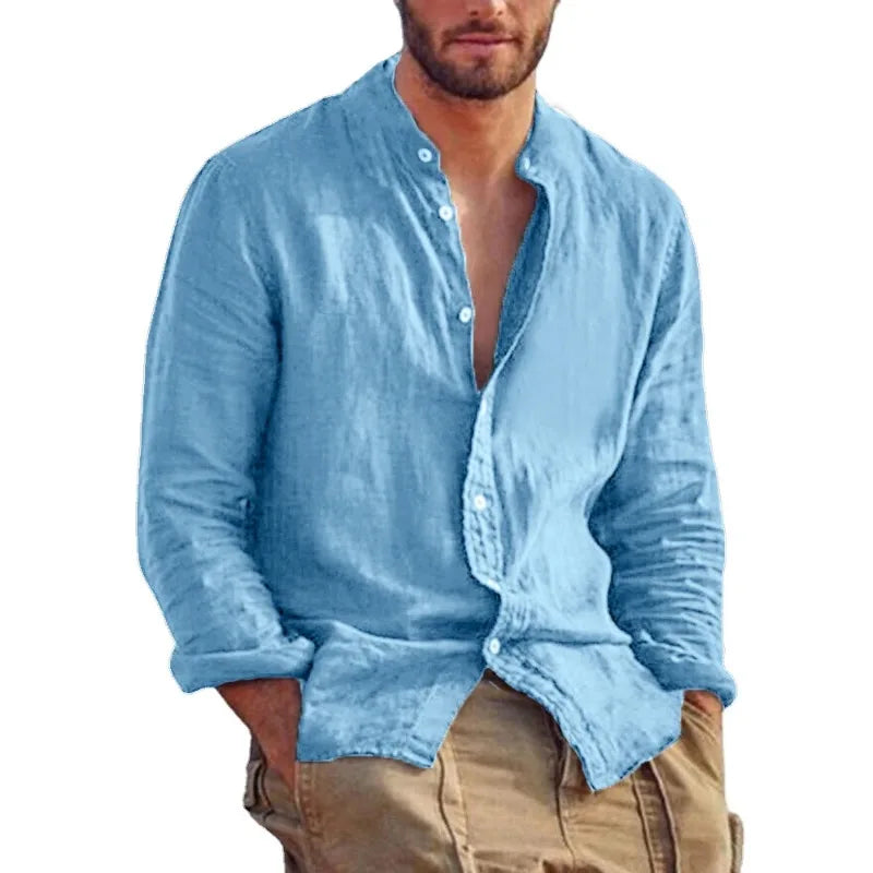 Men's Linen Solid Colour Long Sleeve Hawaiian Shirt