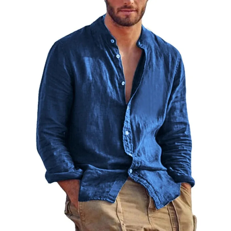 Men's Linen Solid Colour Long Sleeve Hawaiian Shirt