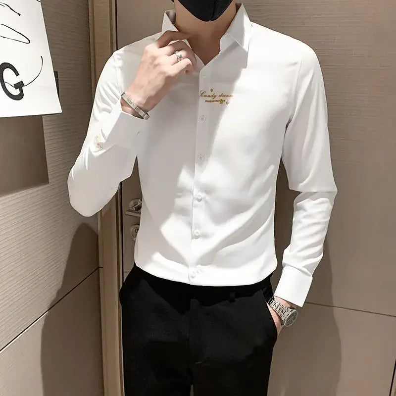 Men's Slim Fit Embroidered Long Sleeve White Shirt