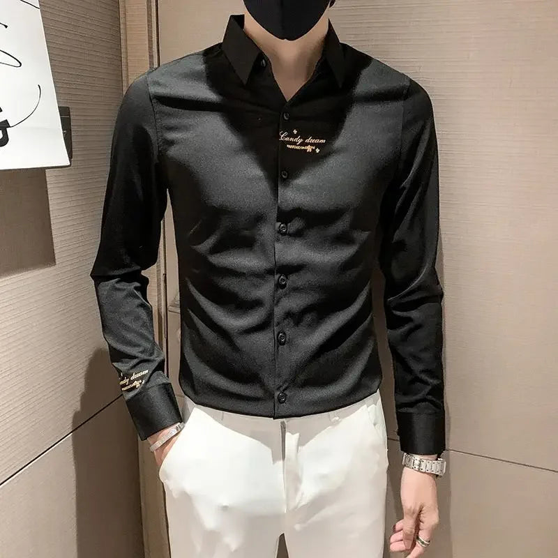 Men's Slim Fit Embroidered Long Sleeve White Shirt