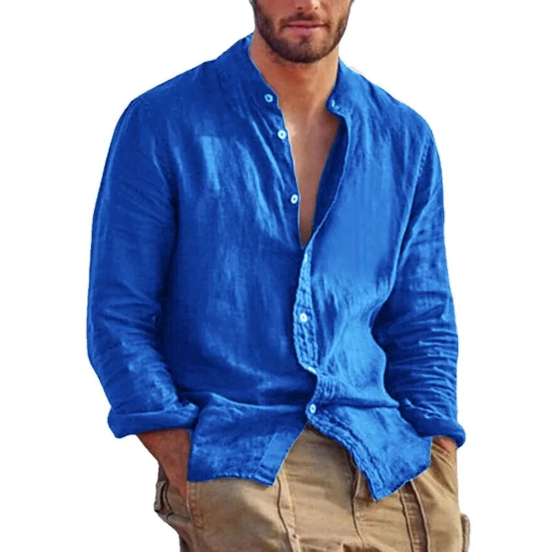 Men's Linen Solid Colour Long Sleeve Hawaiian Shirt