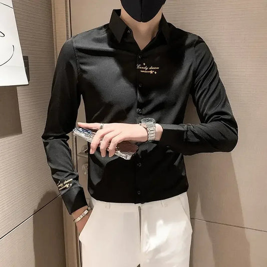 Men's Slim Fit Embroidered Long Sleeve White Shirt