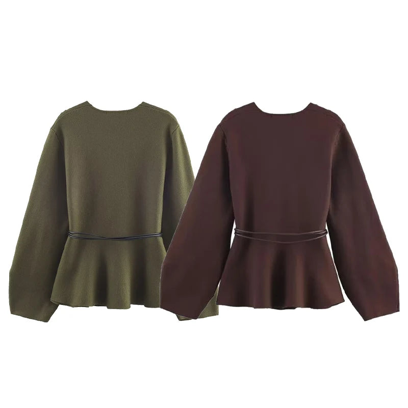 Women's V-Neck Tie Waist Knit Cardigan
