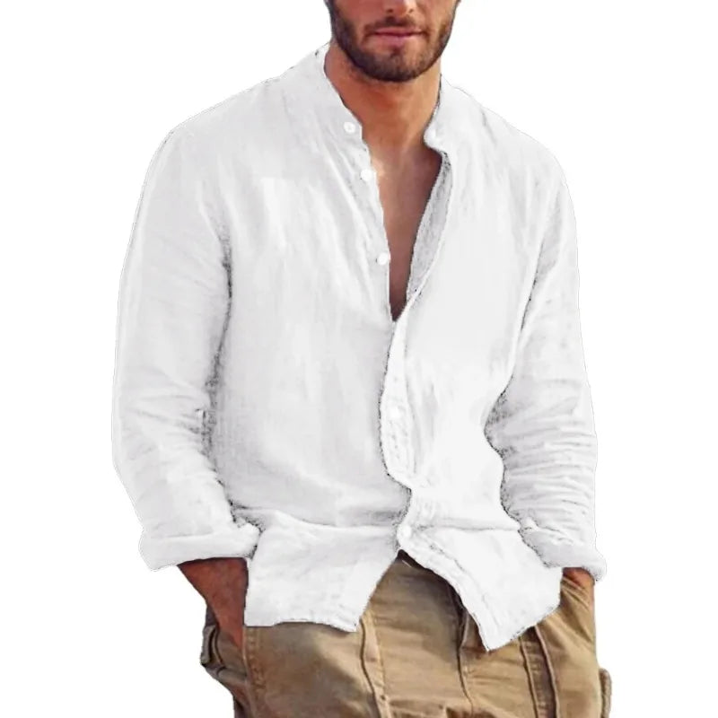 Men's Linen Solid Colour Long Sleeve Hawaiian Shirt
