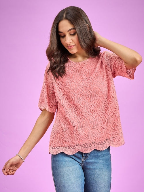 Women Casual Lace Top (Color Peach) (Size L)