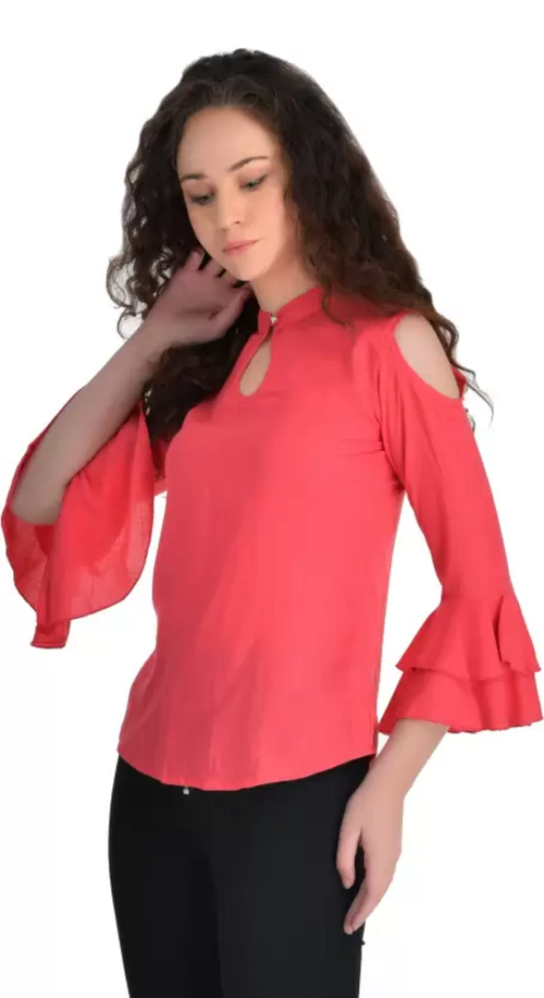 Casual Cold Shoulder Sleeves Solid Women Top (Size-S) PINK)